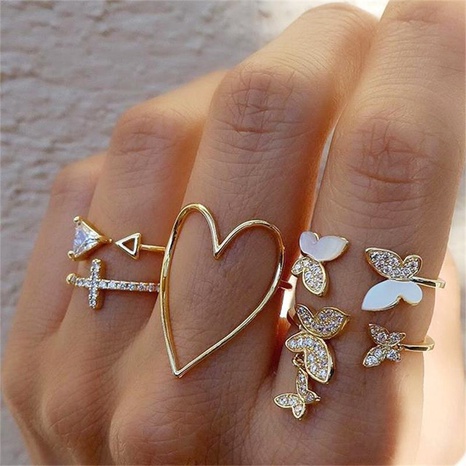 Bague papillon à diamants en forme de coeur d'amour triangle à la mode Ensemble de 5 pièces Bague femme rétro créative's discount tags