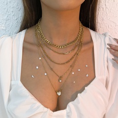 retro multi-layered heart diamond-studded necklace