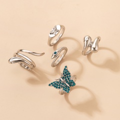 Fashion personalized jewelry blue butterfly diamond ring five-piece snake-shaped irregular alloy ring set