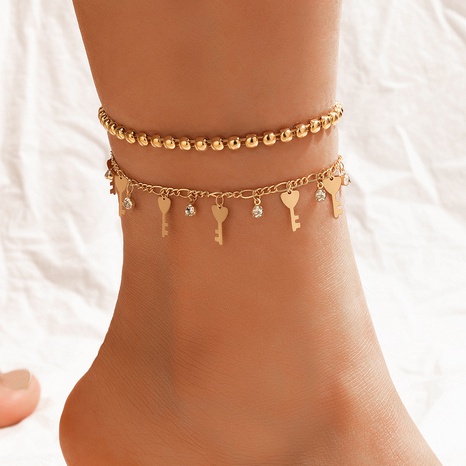Fashion Jewelry Heart Key Disc Double Layer Diamond Anklet Wholesale's discount tags