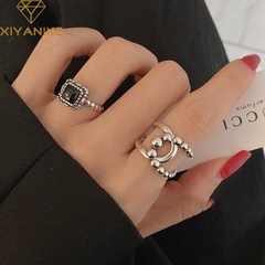 Korea Double Round Bead Geometric Index Finger Ring Female Square Black Epoxy Open Copper Ring