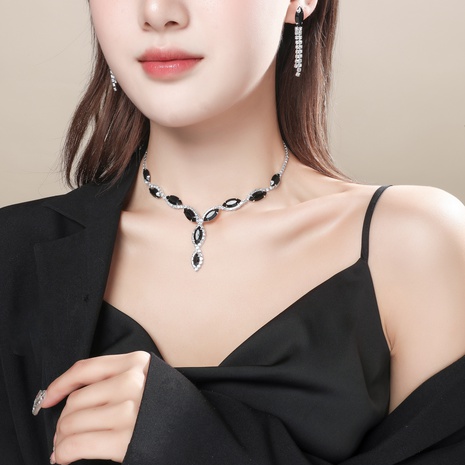 Women's Fashion Black Gem Splicing Necklace Earrings Party Set Wholesale's discount tags