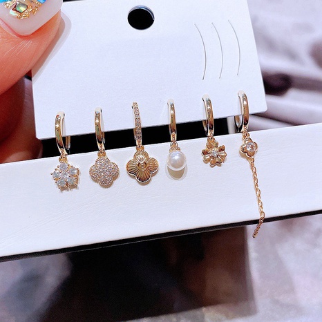 fashion personality zircon four-leaf clover pearl small copper earrings set's discount tags