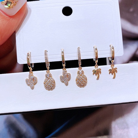 exquisite fashion zircon micro-inlaid cactus pineapple coconut copper earrings set's discount tags