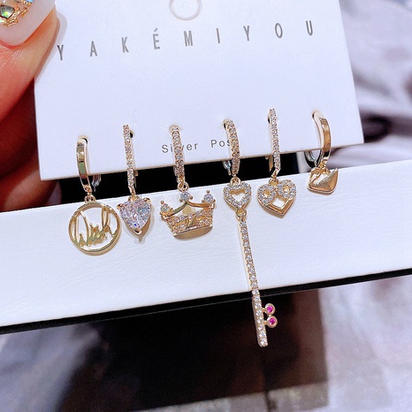 Fashion exquisite zircon micro-inlaid crown key heart-shaped copper earrings set's discount tags