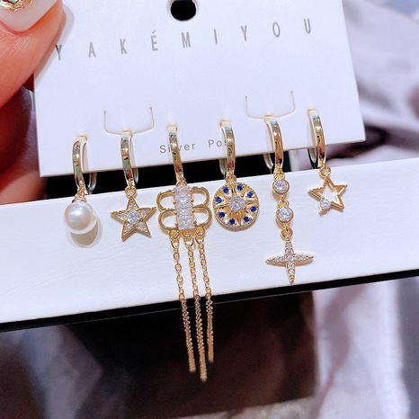 personality zircon pearl geometric tassel star copper earrings set NHCG511846's discount tags