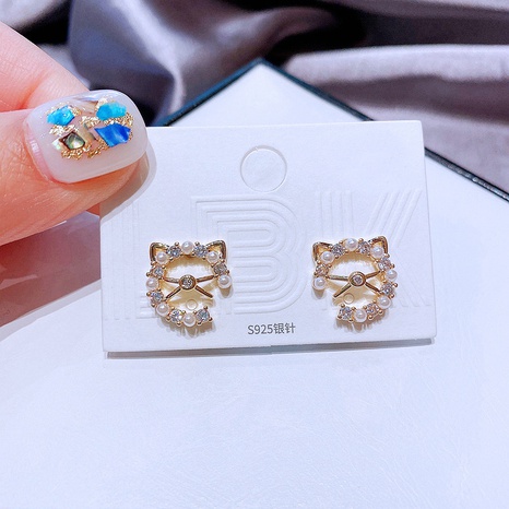New style rice beads zircon cute hollow cat copper earrings NHCG511853's discount tags