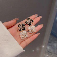 2021 new Korean version of fashion oil drop diamond pearl earrings camellia petals