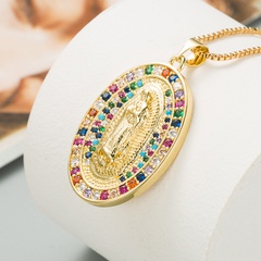 Collar con colgante de estatua de Virgen ovalada, collar de circonitas coloridas con incrustaciones de cobre chapado en oro, accesorios