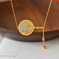 Vintage necklace Chinese style jade flat enamel fan pendant plum blossom bracelet set