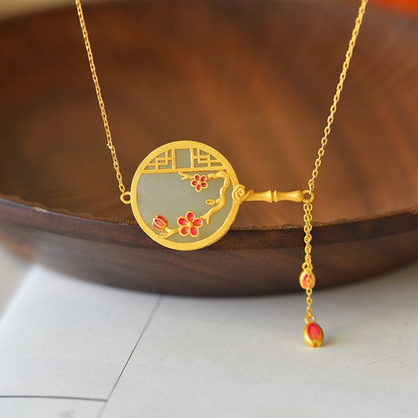 Vintage necklace Chinese style jade flat enamel fan pendant plum blossom bracelet set's discount tags