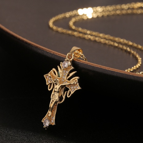 Religious Copper Inlaid Zircon Cross Pendant Jesus Design Necklace Clavicle Chain NHBU512097's discount tags