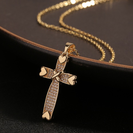 New Heart-shaped Cross Pendant Copper Micro-inlaid Zircon Necklace Sweater Chain Wholesale NHBU512098's discount tags