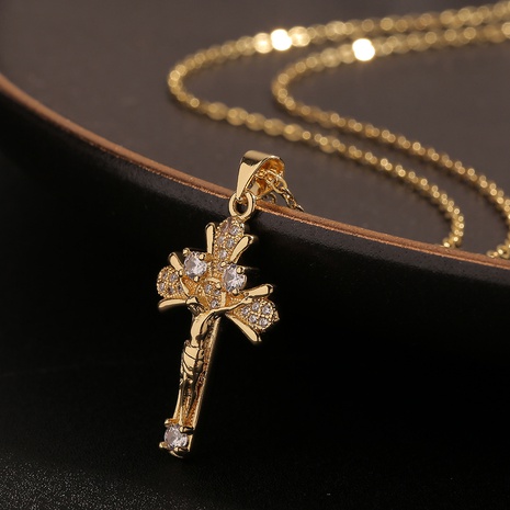 Copper Inlaid Zircon Cross Pendant Jesus Necklace Sweater Chain Wholesale NHBU512107's discount tags