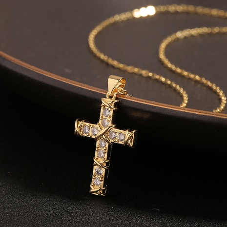 New Jewelry Copper Plated Real Gold Cross Pendant Inlaid Zircon Wild Necklace NHBU512114's discount tags