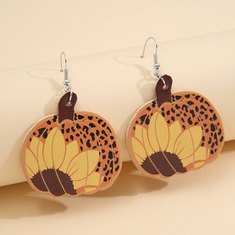 European and American Leopard Print Sunflower Pumpkin Head Shaped Leather Earrings's discount tags