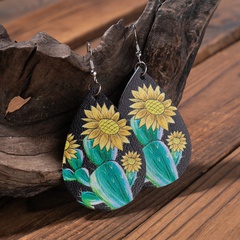 European and American retro sunflower flower cactus PU leather earrings
