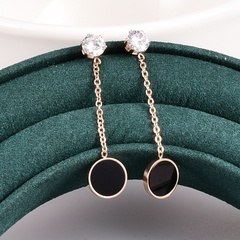Korean temperament long titanium steel black round earrings