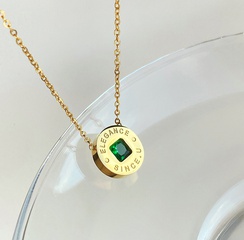 English round emerald green letters coin green diamond necklace titanium steel gold