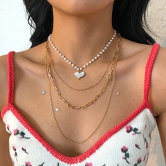 Mode Perle Weibliche Geometrische Herz Zirkon Mehrschichtige Halskette Einfache Halskette