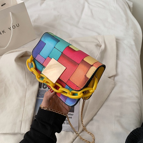 Macaron hit color square fashion shoulder messenger thick chain mini bag's discount tags