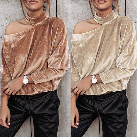Autumn and winter off-shoulder velvet solid color bottoming top's discount tags
