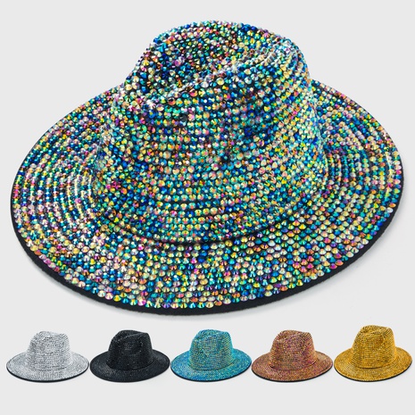 Fashion woolen gift hat men's color rhinestone big brim jazz hat's discount tags
