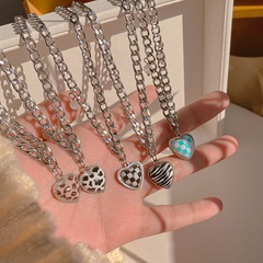 fashion checkerboard heart pendent necklace female simple titanium steel sweater chain