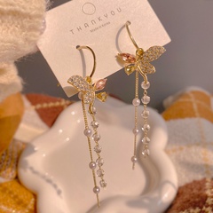 fashion butterfly diamond earrings female exaggerated long tassel pearl earrings