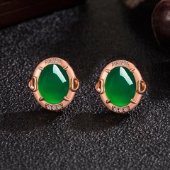 Retro ethnic green chalcedony zircon green agate fashion earrings