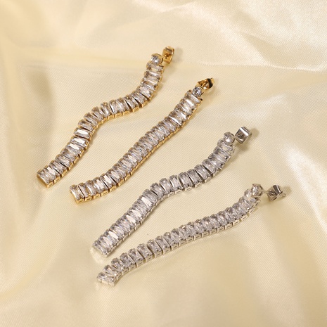 fashion 14K stainless steel color long rectangular zircon tassel earrings's discount tags