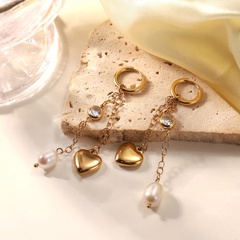 European and American stainless steel 14K gold long tassel heart pearl zircon pendant earrings