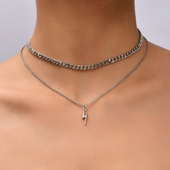 Multilayer Retro Punk Metal Thick Silver Lightning Pendant Chain Necklace