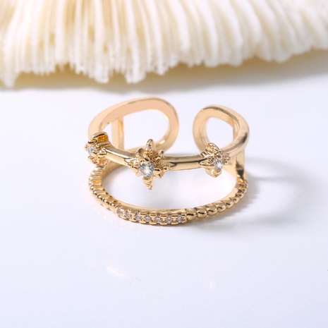 Anillo de moda de anillo de cobre de circonita estrella de cielo abierto dorado de doble capa's discount tags