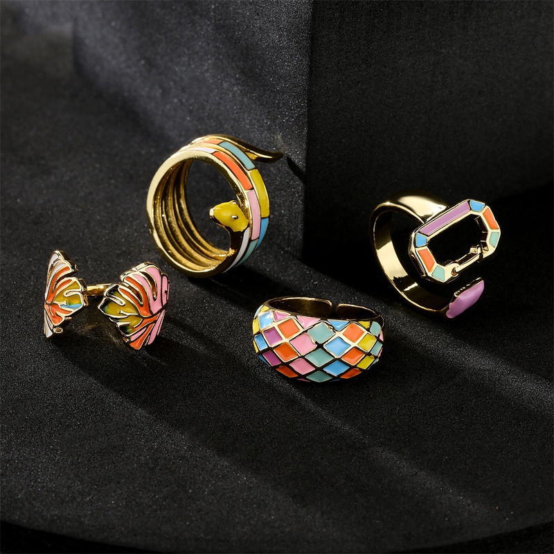 European and American hot sale fashion color dripping oil ring copper plated gold open design ring
