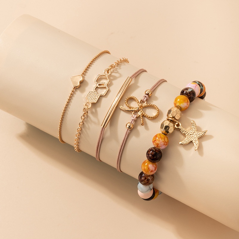 Fashion imitation jade and beaded starfish fivelayer bracelet bow knot love geometric alloy bracelet set
