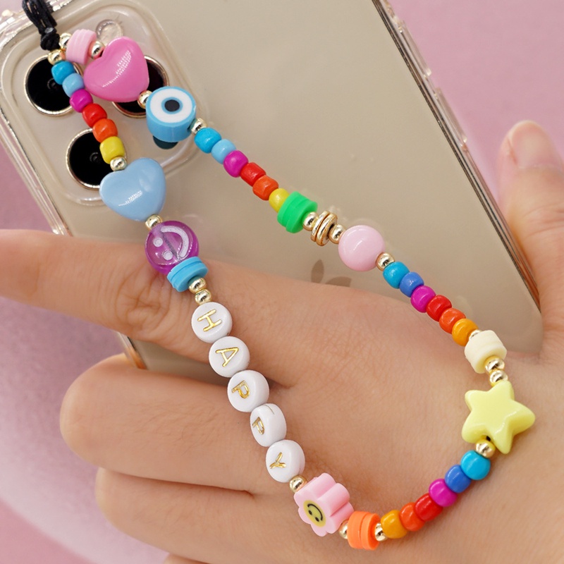 simple mobile phone chain acrylic rainbow round beads glass rice beads soft pottery eyes resin mobile phone lanyard