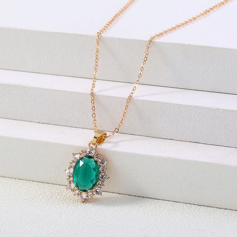 Simple single layer Sunflower Green Oval Zircon Necklace's discount tags