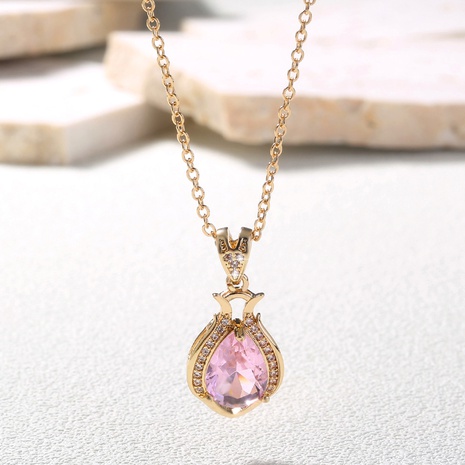 Simple single micro-inlaid layer perfume bottle water drop pink zircon necklace's discount tags