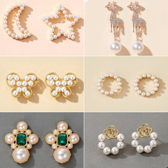 Korean elk butterfly pearl earrings diamond circle pearl pendant earrings