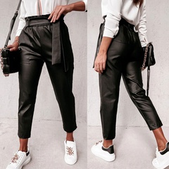 New style solid color PU leather belt long pants