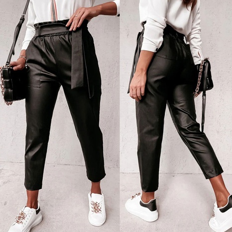 New style solid color PU leather belt long pants's discount tags