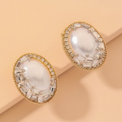 retro oval zircon pearl earrings