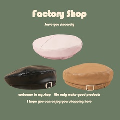 Sweet fried solid color PU leather buckle beret