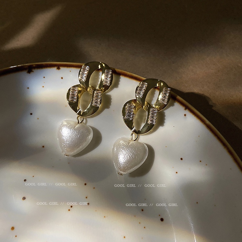 925 Silver Needle Love Pearl Zircon Chain Earrings  NHQC317027