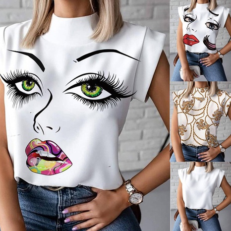 Summer new style simple stand-up collar lip printing ladies shirt top women's clothing NHJG318037's discount tags
