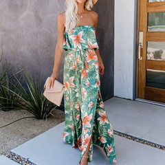 Summer new style printed off-shoulder ruffled dress with slit