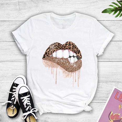 Sexy leopard print lips print casual T-shirt's discount tags