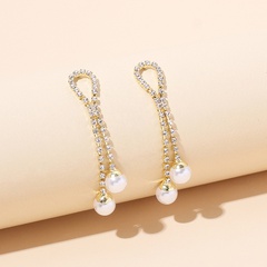 Korean rhinestone pearl long tassel earrings
