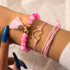 Hand-woven pink string beaded love pattern 3-piece bracelet set